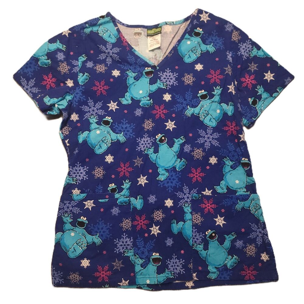 Scrubstar Sesame Street Woman's XS  Scrub Top Cookie Monster Blue Winter Large